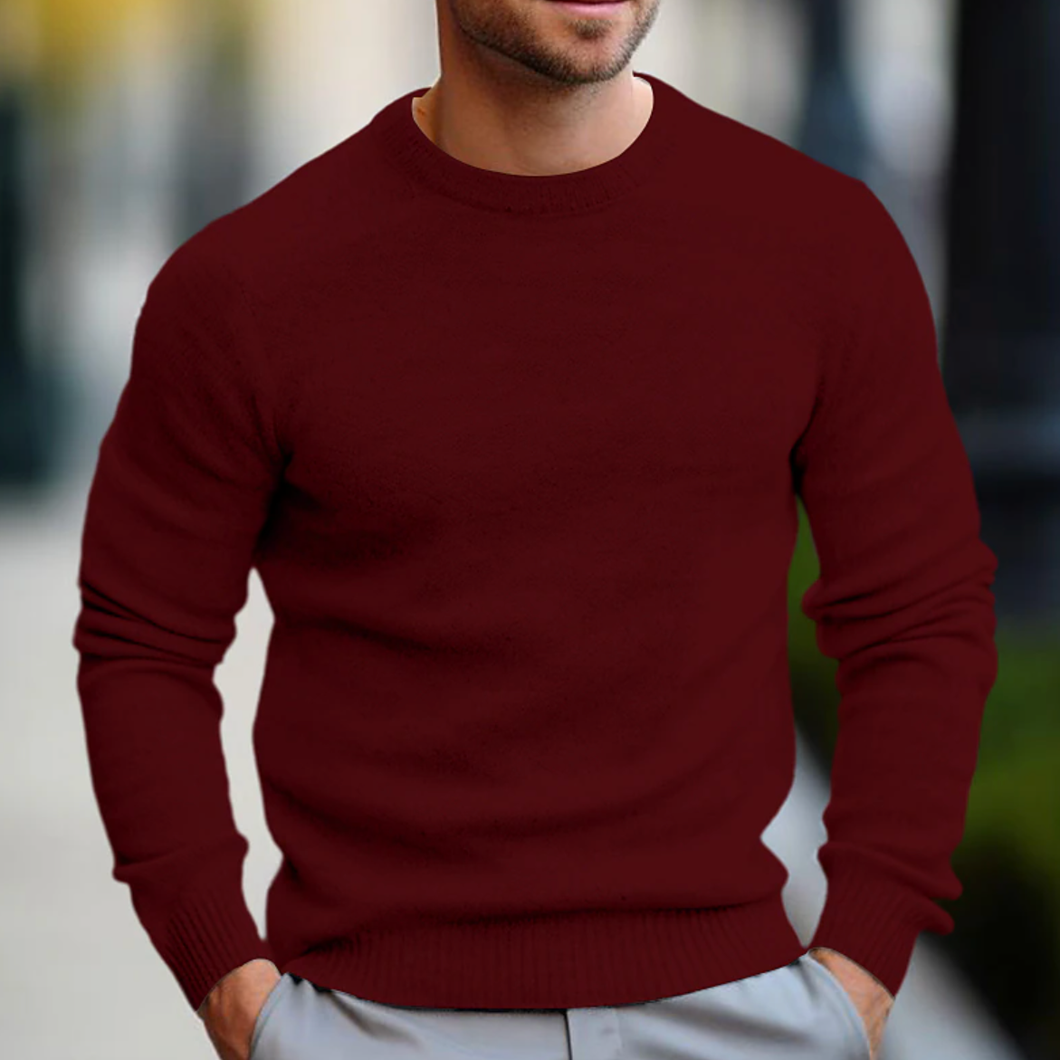 Versatile men's classic crew neck sweater, long sleeve. An essential piece for fall fashion and winter layering.