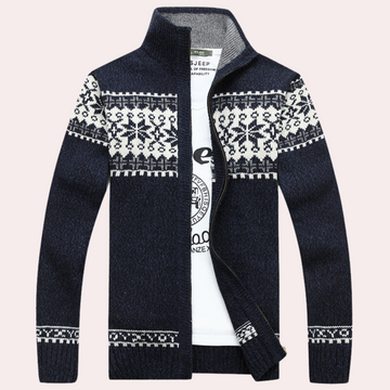 Men's cozy Fair Isle patterned zip-up winter jacket with stand collar for casual warmth & layering.