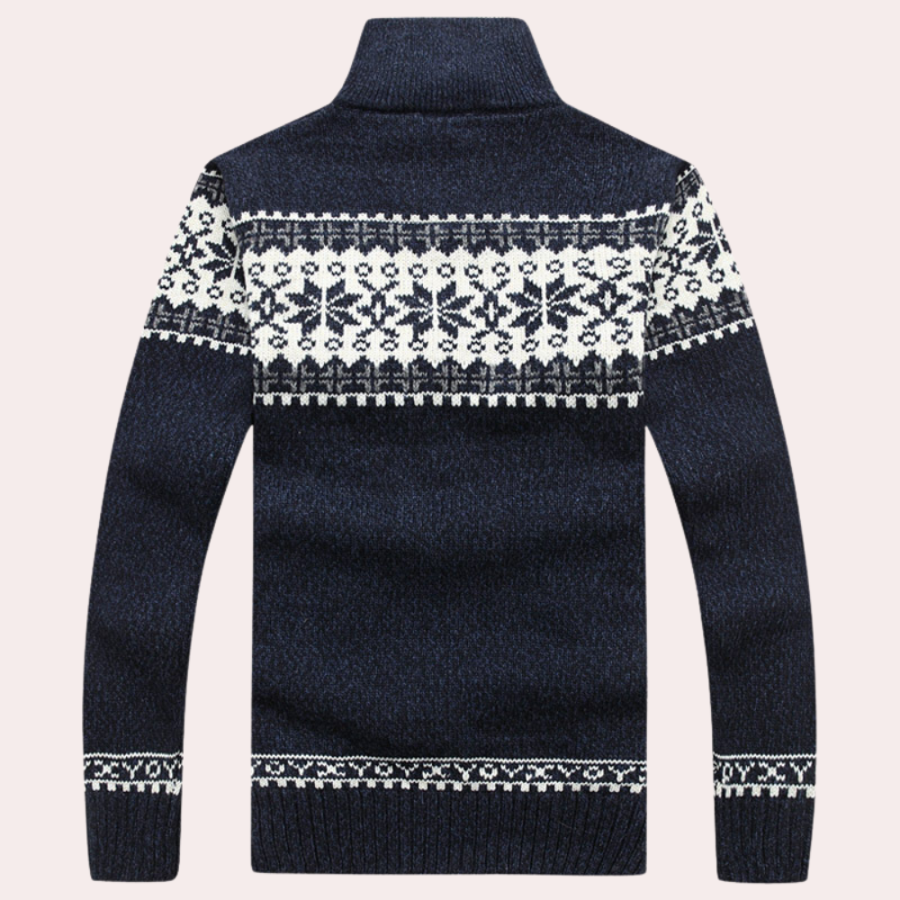 Men's cozy Fair Isle patterned zip-up winter jacket with stand collar for casual warmth & layering.