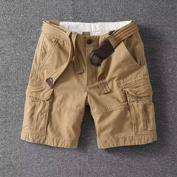Men's multi-pocket straight leg cargo shorts in khaki, ideal for casual summer wear and utility.