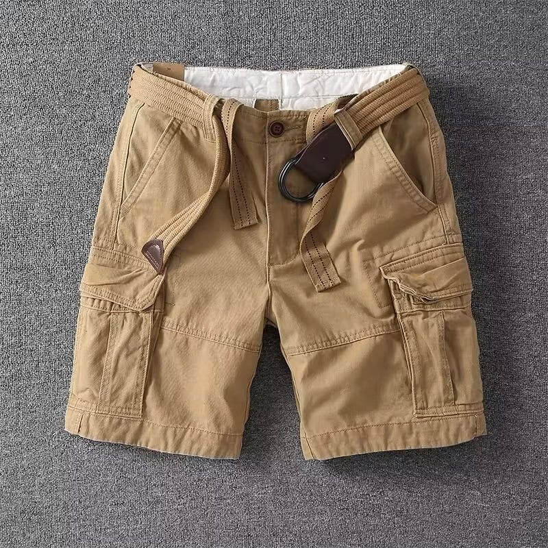 Men's multi-pocket straight leg cargo shorts in khaki, ideal for casual summer wear and utility.