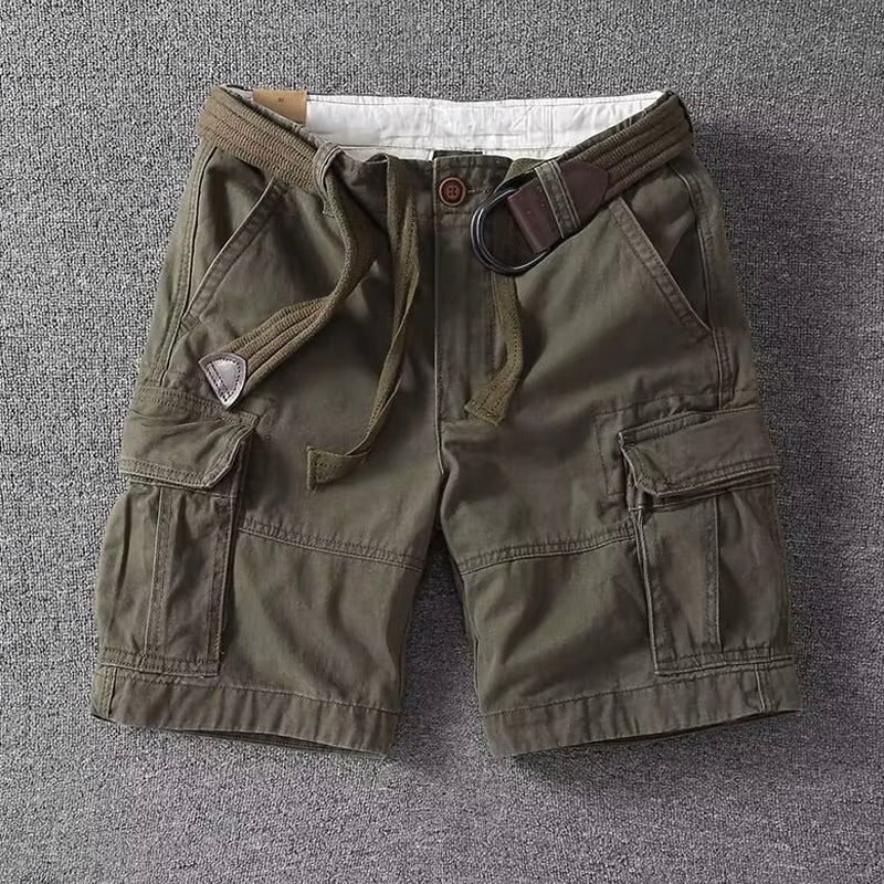 Khaki men's cargo shorts with multiple utility pockets, straight leg fit, and comfortable adjustable waist.