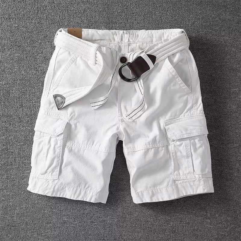 Grey men's straight leg cargo shorts, featuring ample multi-pockets for practical everyday casual wear.
