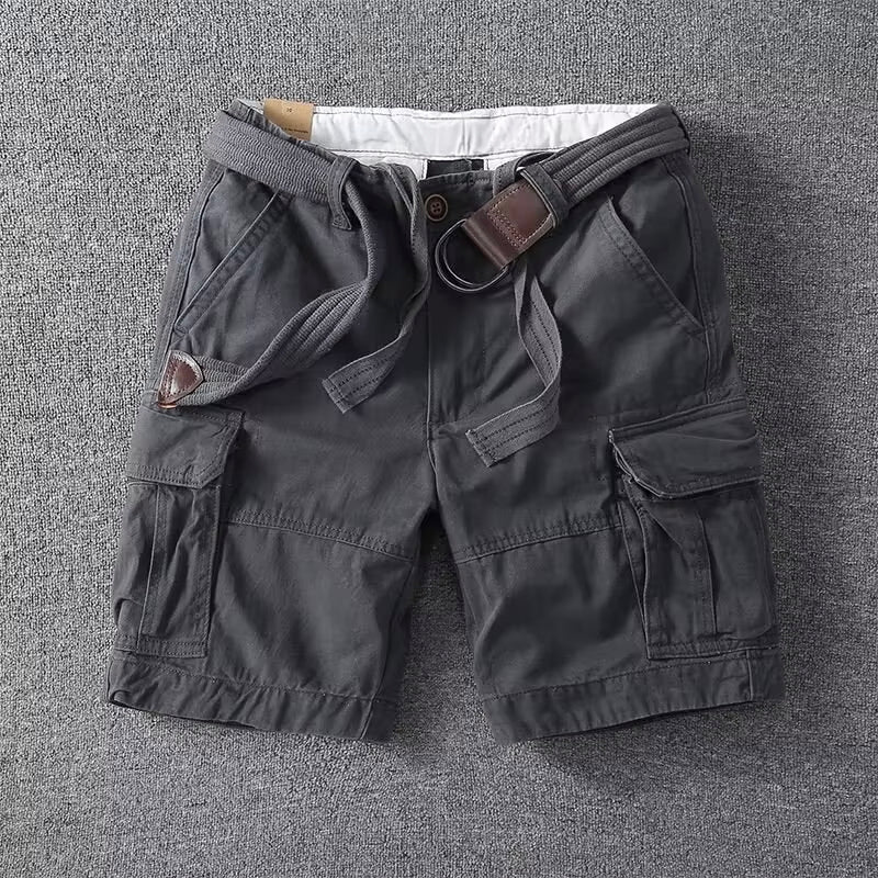 Black multi-pocket cargo shorts for men, offering a relaxed straight leg fit perfect for summer adventures.