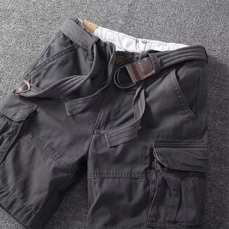 White men's straight leg cargo shorts, perfect for warm weather with multi-pockets and a casual style.