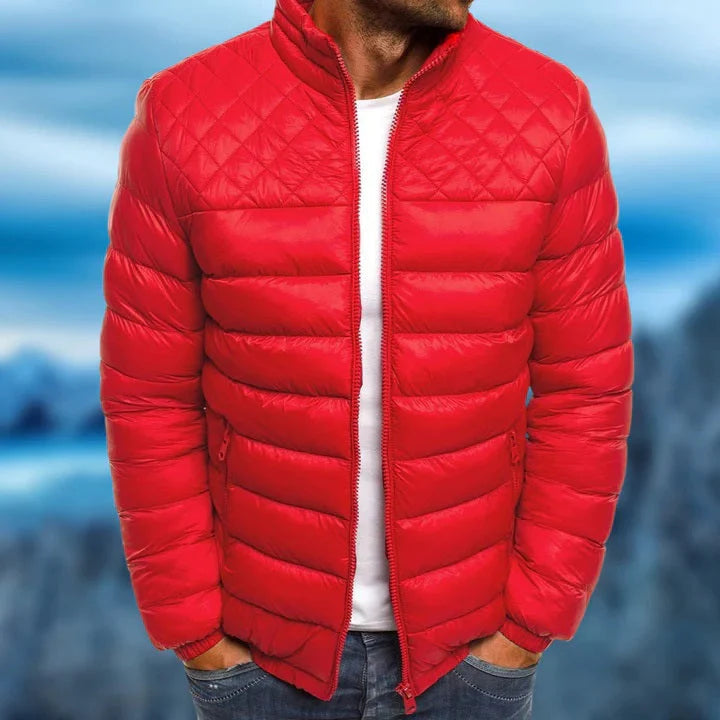 Men's new stylish puffer jacket. Warm, insulated, windproof, water-repellent winter coat for cold weather protection.