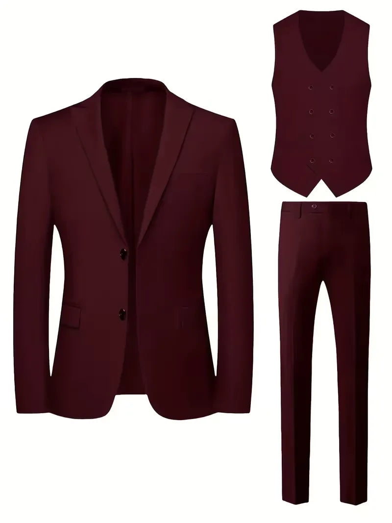Men's formal fashion: a striking slim fit double-breasted 3-piece suit with a fashionable waistcoat.