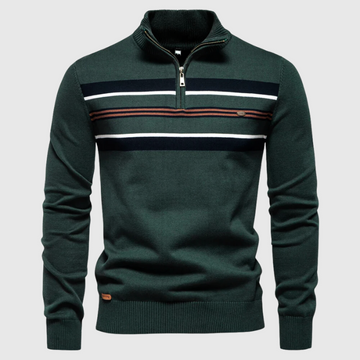 Men's striped quarter zip sweater. Versatile long sleeve top for smart casual fashion & everyday comfort.