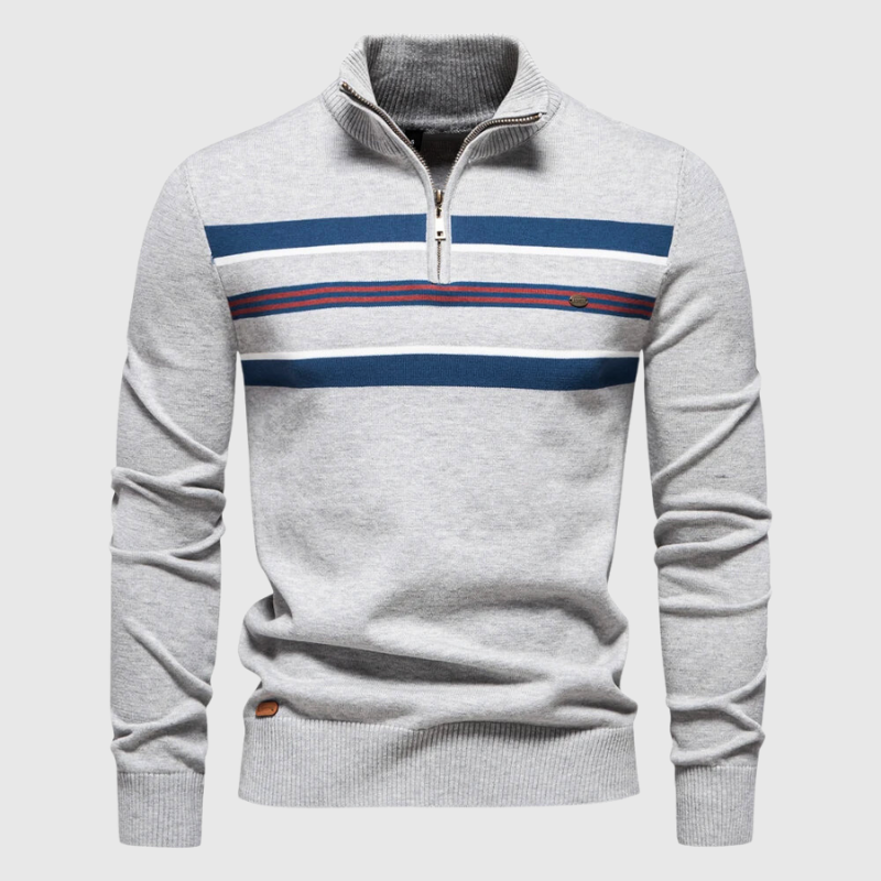 Men's striped quarter zip sweater. Versatile long sleeve top for smart casual fashion & everyday comfort.
