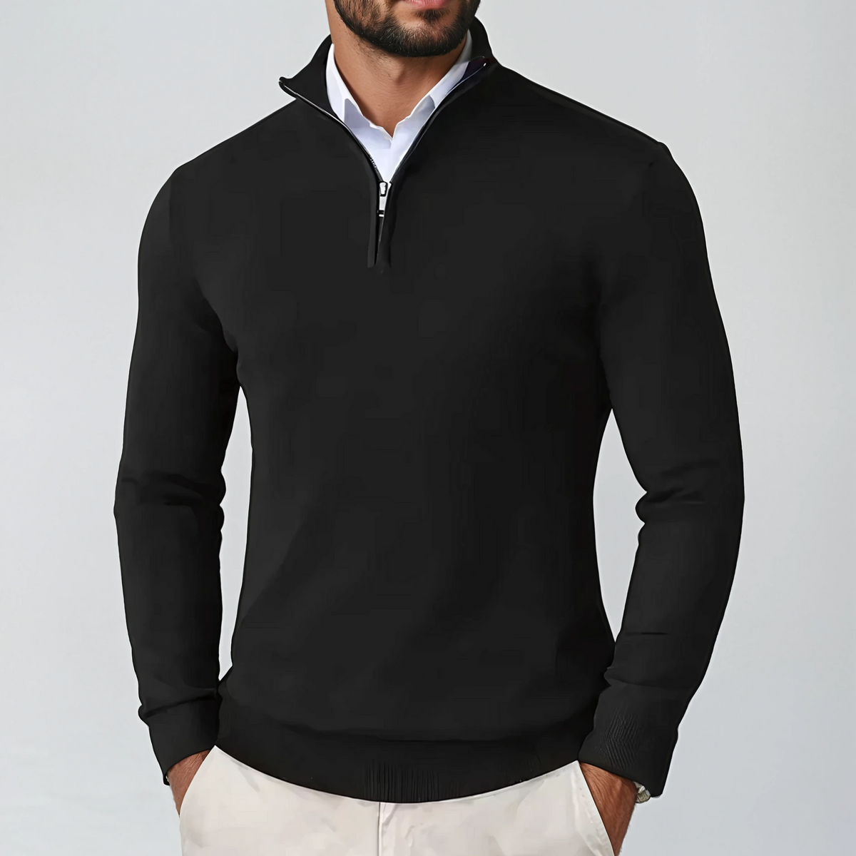 Men's stylish quarter-zip sweater, modern fit, long sleeve pullover for versatile casual or semi-formal wear.