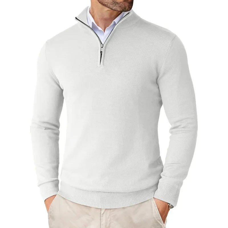 Men's stylish quarter-zip sweater, modern fit, long sleeve pullover for versatile casual or semi-formal wear.