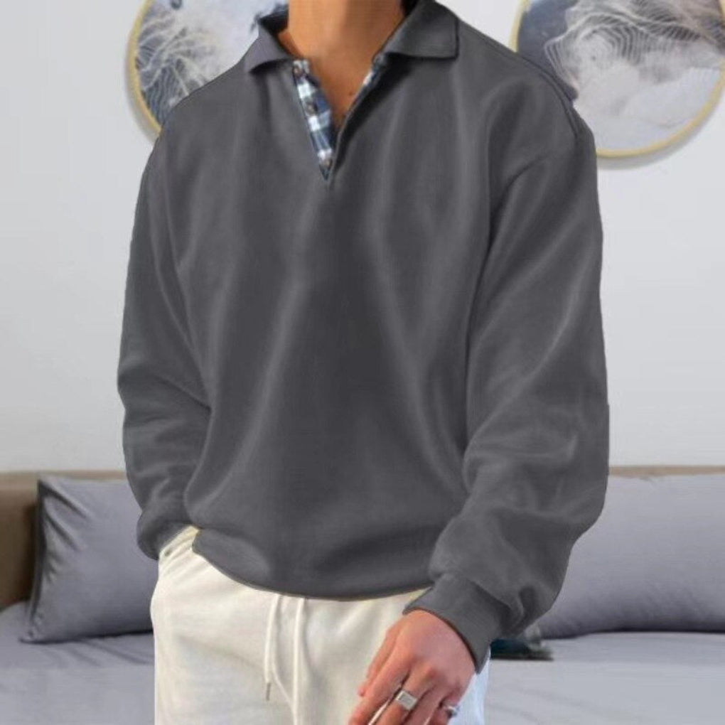Stylish men's long sleeve polo sweater. Ideal for modern casual outfits, offering comfort & versatile everyday wear.