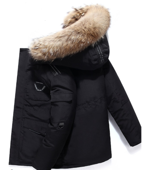 Men's warm winter parka jacket with hood for ultimate cold protection. Heavy, stylish outerwear for cold weather.