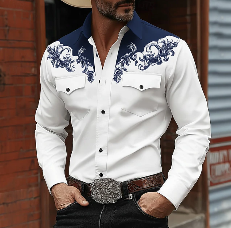 Men's western embroidered button-up shirt, long sleeve, showcasing cowboy style and rugged elegance for stylish men.