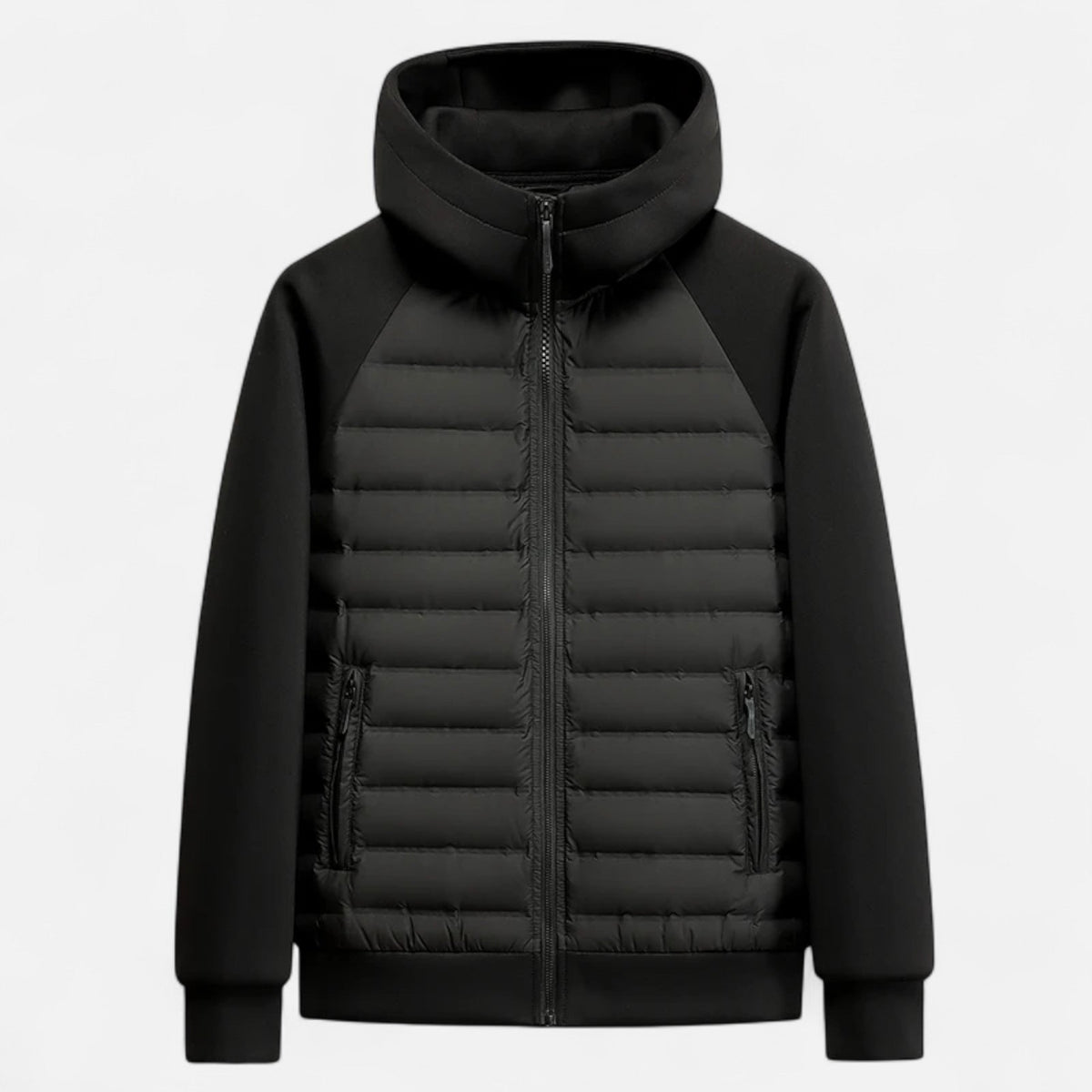 Hooded Quilted Jacket with Knit Sleeves and Zipped Pockets For Men