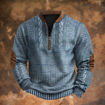 Quarter Zip Pullover Sweater with Cable Knit and Elbow Patches