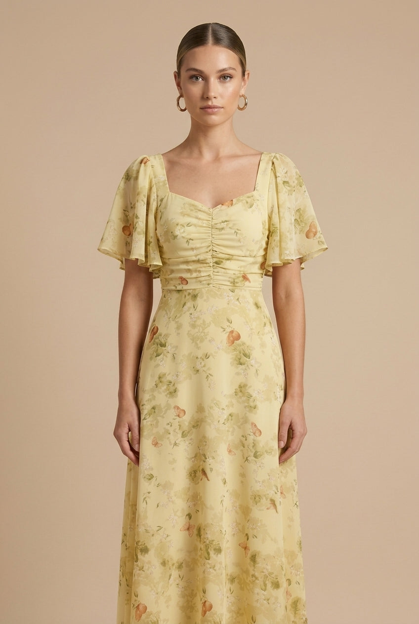 Women's Floral Maxi Dress with Square Neck - Flutter Sleeves and Ruched Bodice