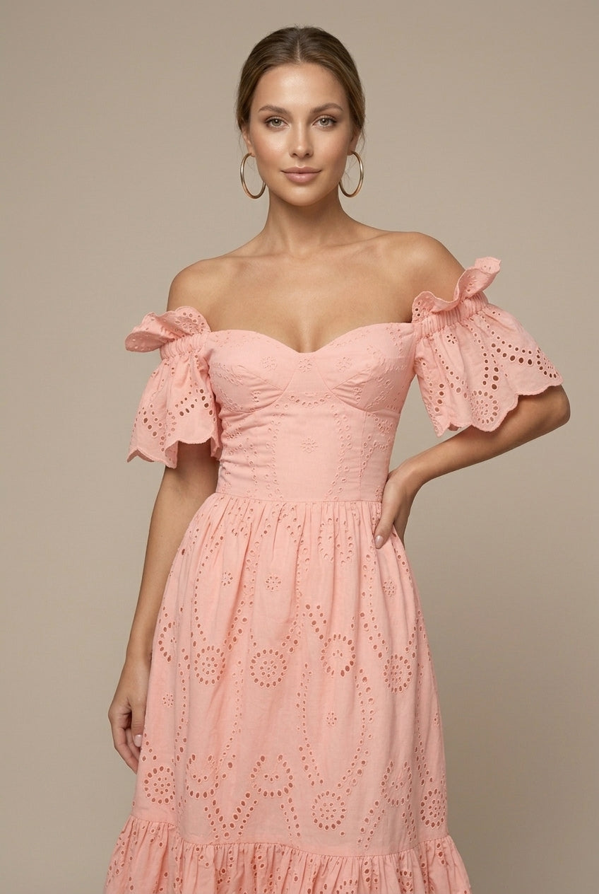 Women's Eyelet Off Shoulder Midi Dress - Ruffle Sleeve - Wedding Guest