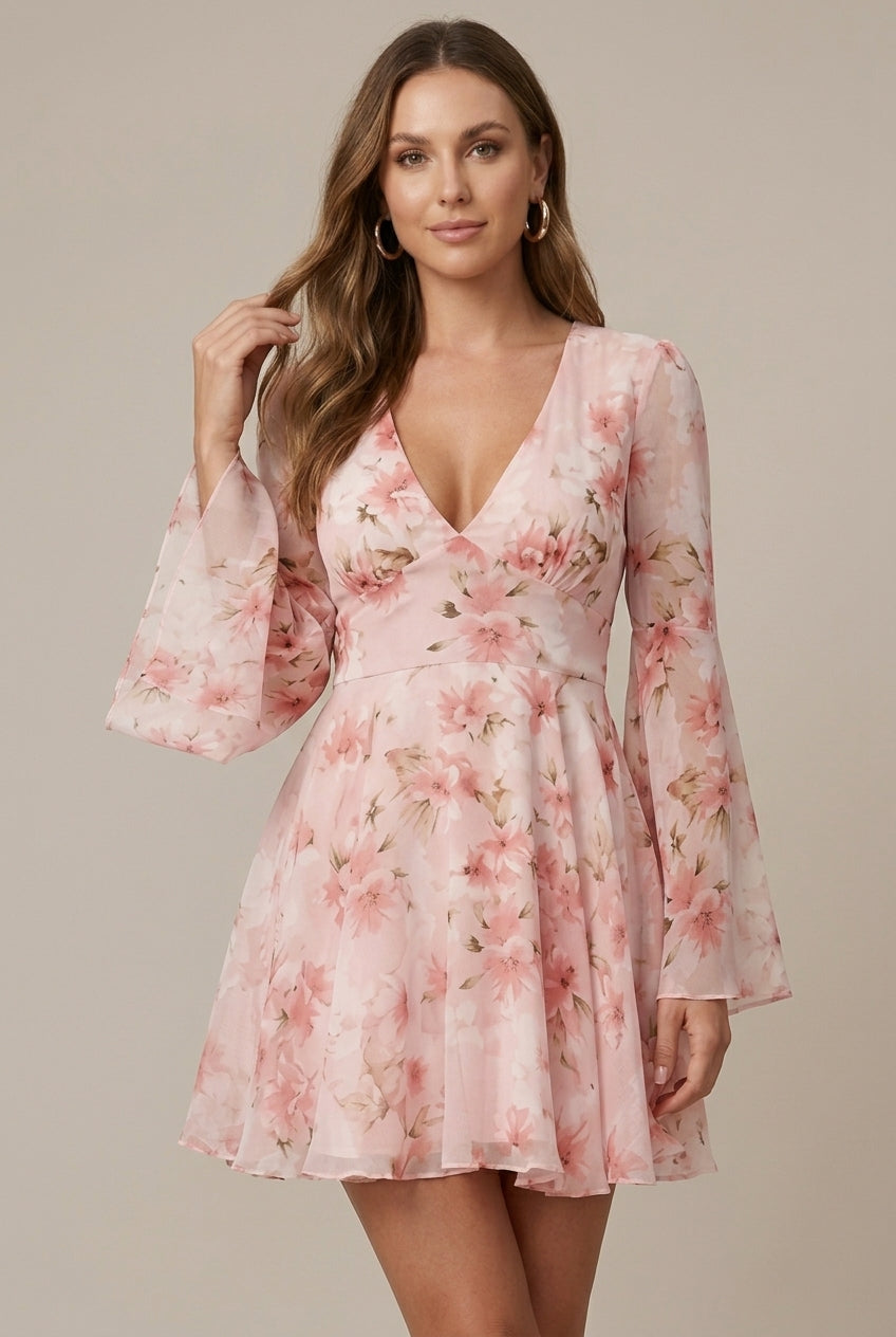 Women's Floral V-Neck Bell Sleeve Fit and Flare Mini Dress
