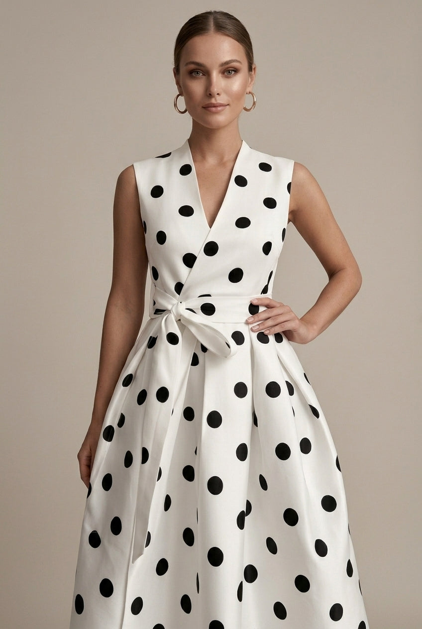 Women's Polka Dot V-Neck Sleeveless Midi Dress - Bow Waist Detail