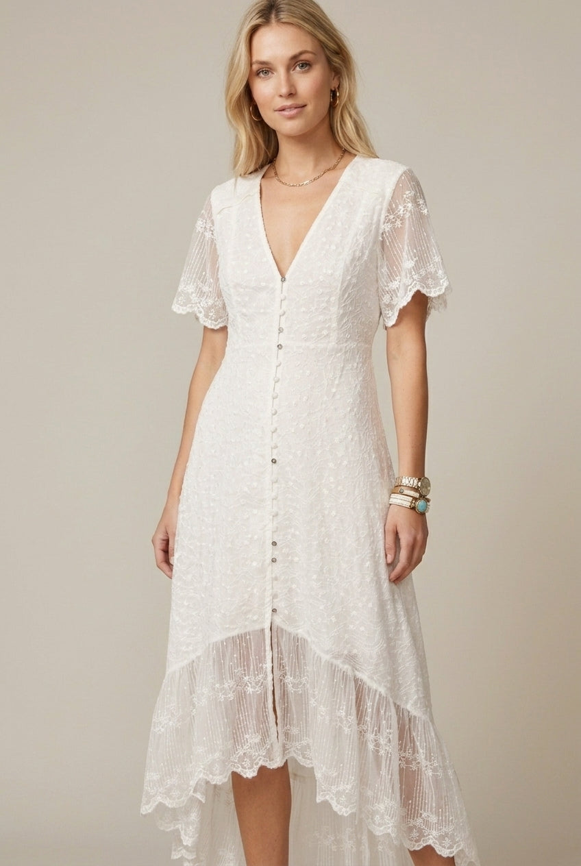 Women's V-Neck Short Sleeve Lace Maxi Dress - Button Front Ruffle Hem