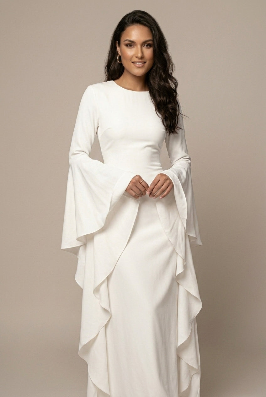 Maxi Dress Women - Round Neck Dramatic Flared Sleeves - Elegant