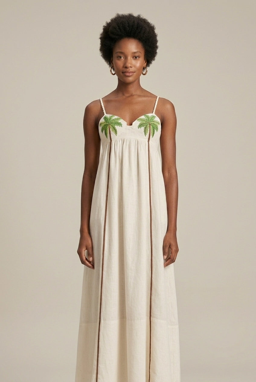 Women's White Palm Tree Print Slip Maxi Dress - Spaghetti Strap