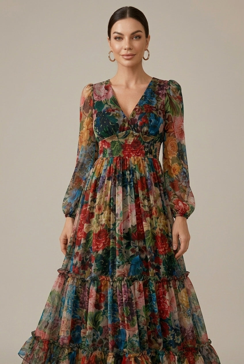 Women's Floral Long Sleeve V-Neck Tiered Ruffle Maxi Dress