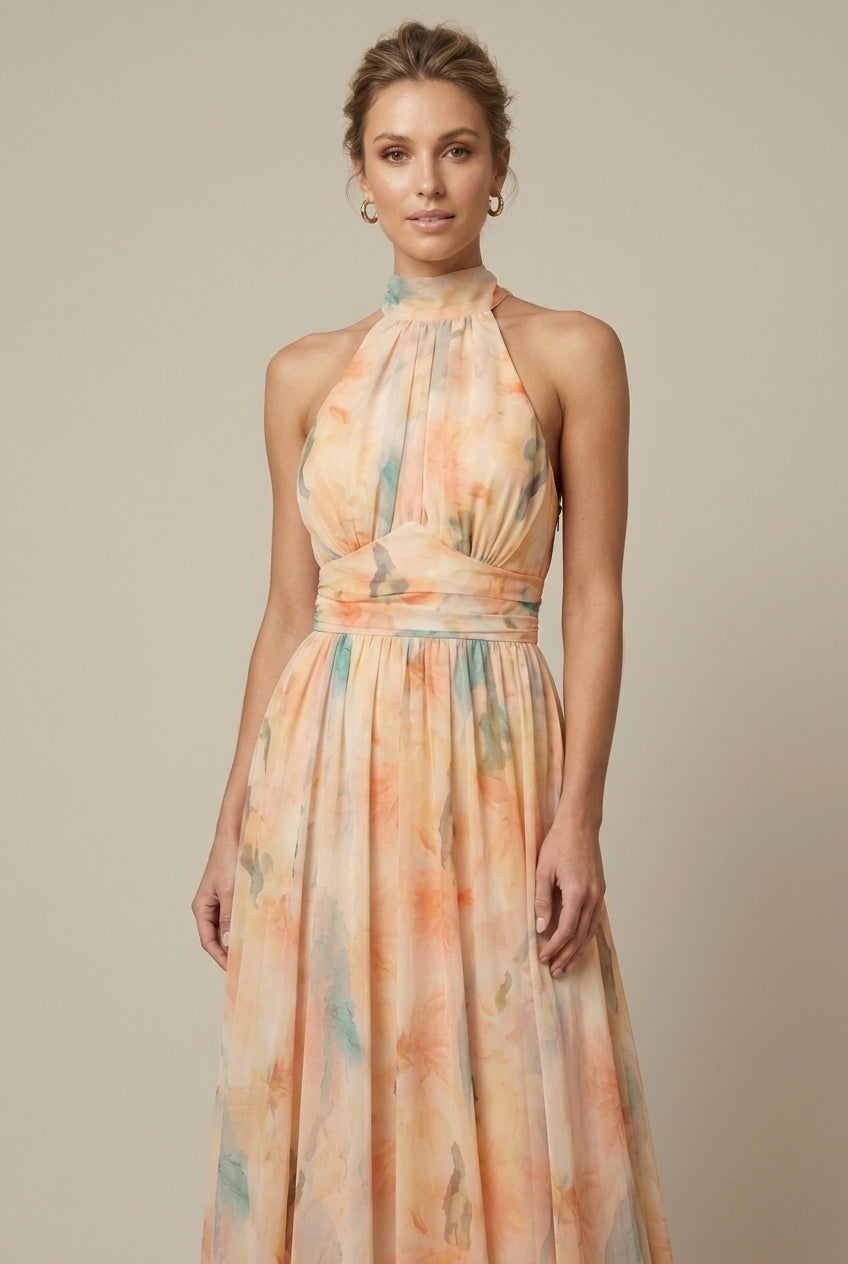 Women's Floral Halter Neck Maxi Dress - Tie Back - Wedding Guest