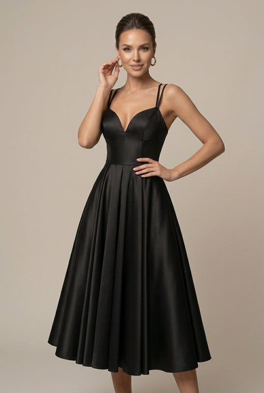 Women's V-Neck Midi Dress - Flowy A-Line Skirt - Double Strap