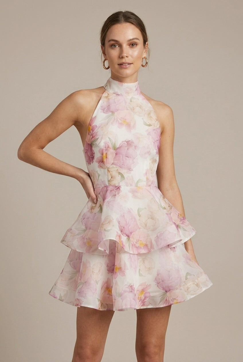 Women's Halter Neck Floral Print Mini Dress - Open Back - Tiered Ruffle Skirt
