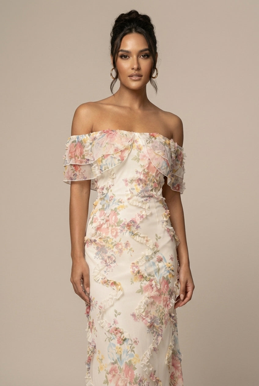 Women's Floral Off Shoulder Ruffle Trim Bodycon Maxi Dress