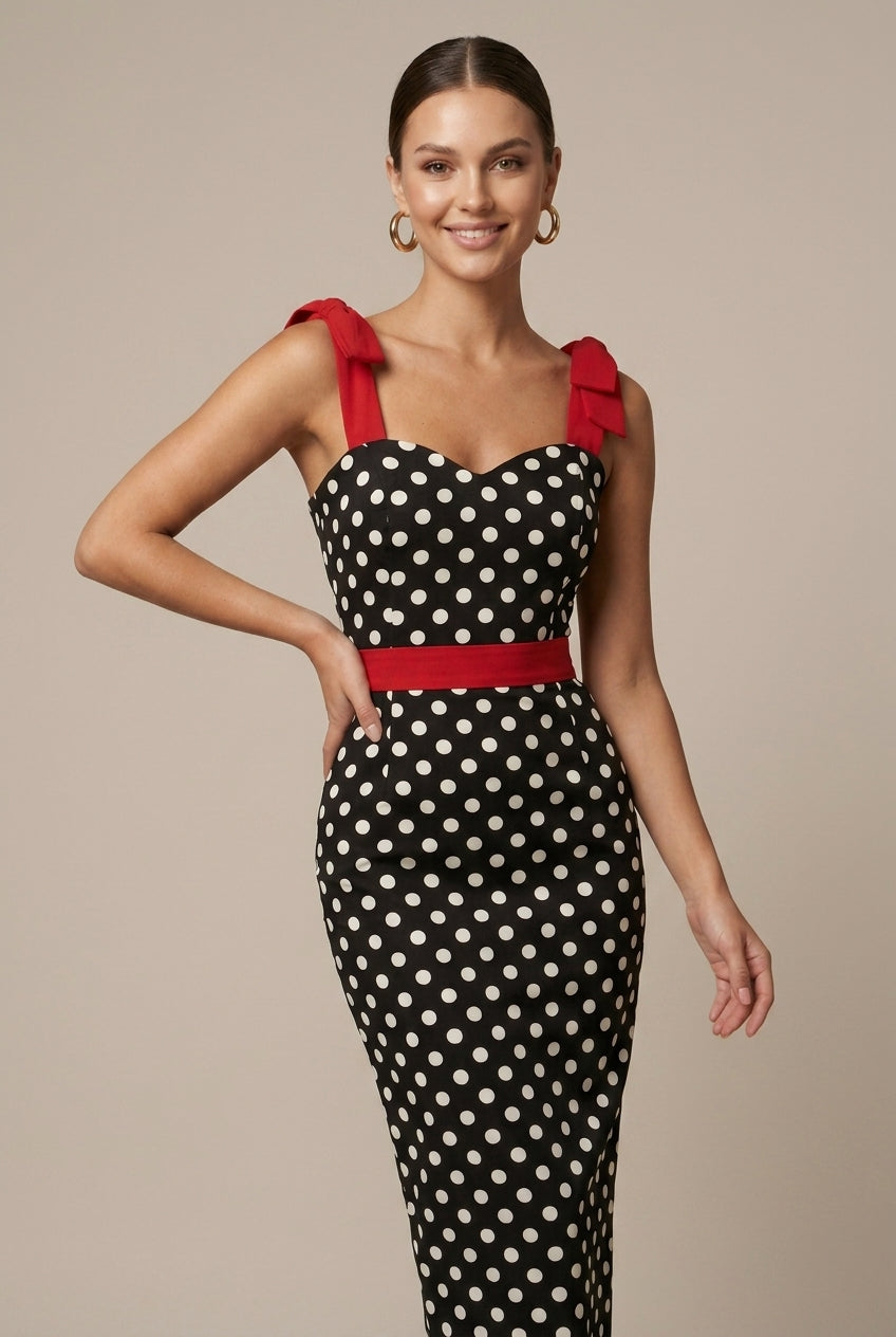 Women's Polka Dot Sweetheart Bodycon Maxi Dress - Bow Strap Detail
