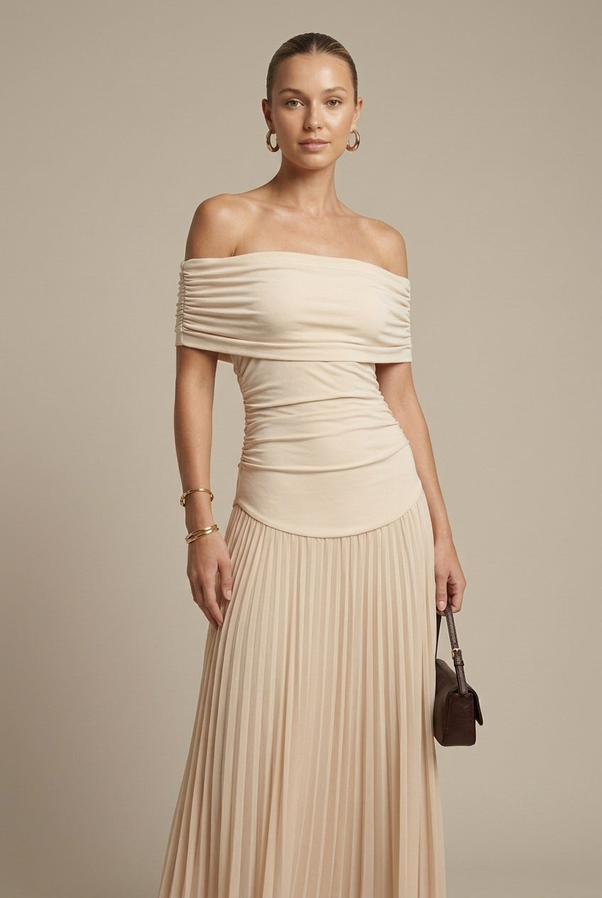 Women's Off Shoulder Pleated Maxi Dress - Ruched - Wedding Guest