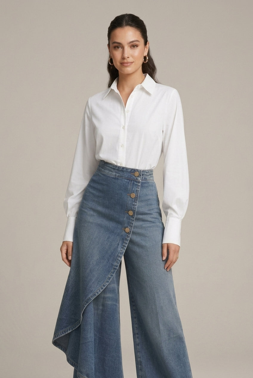 Women's High-Waist Wide Leg Denim Pants with Asymmetric Skirt Overlay