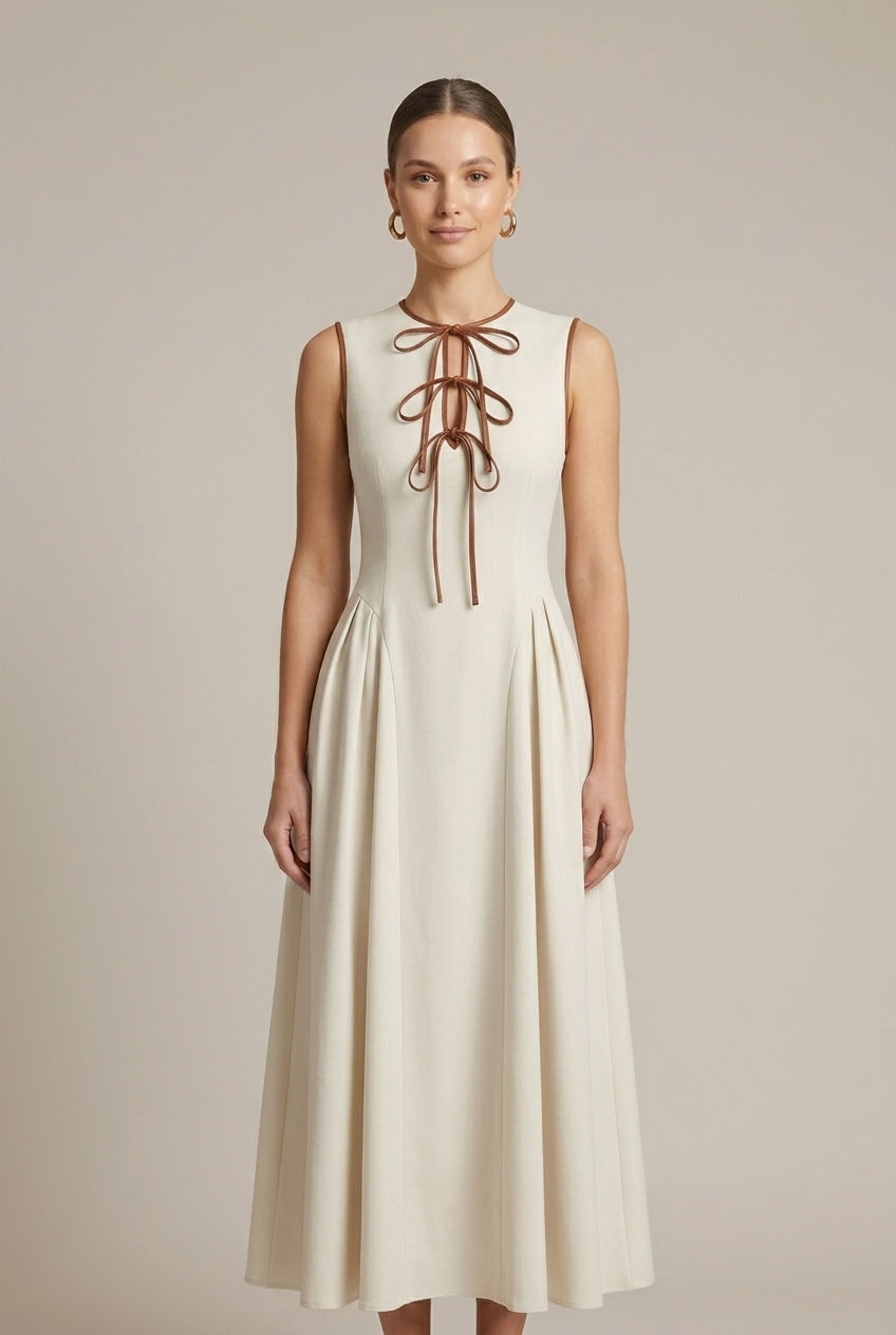 Women's Sleeveless Maxi Dress - Bow Tie Front Drop Waist A-Line Skirt