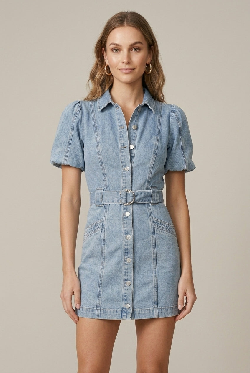 Damen Denim Minikleid – Kurze Länge Knopfleiste vorne mit Ärmeln