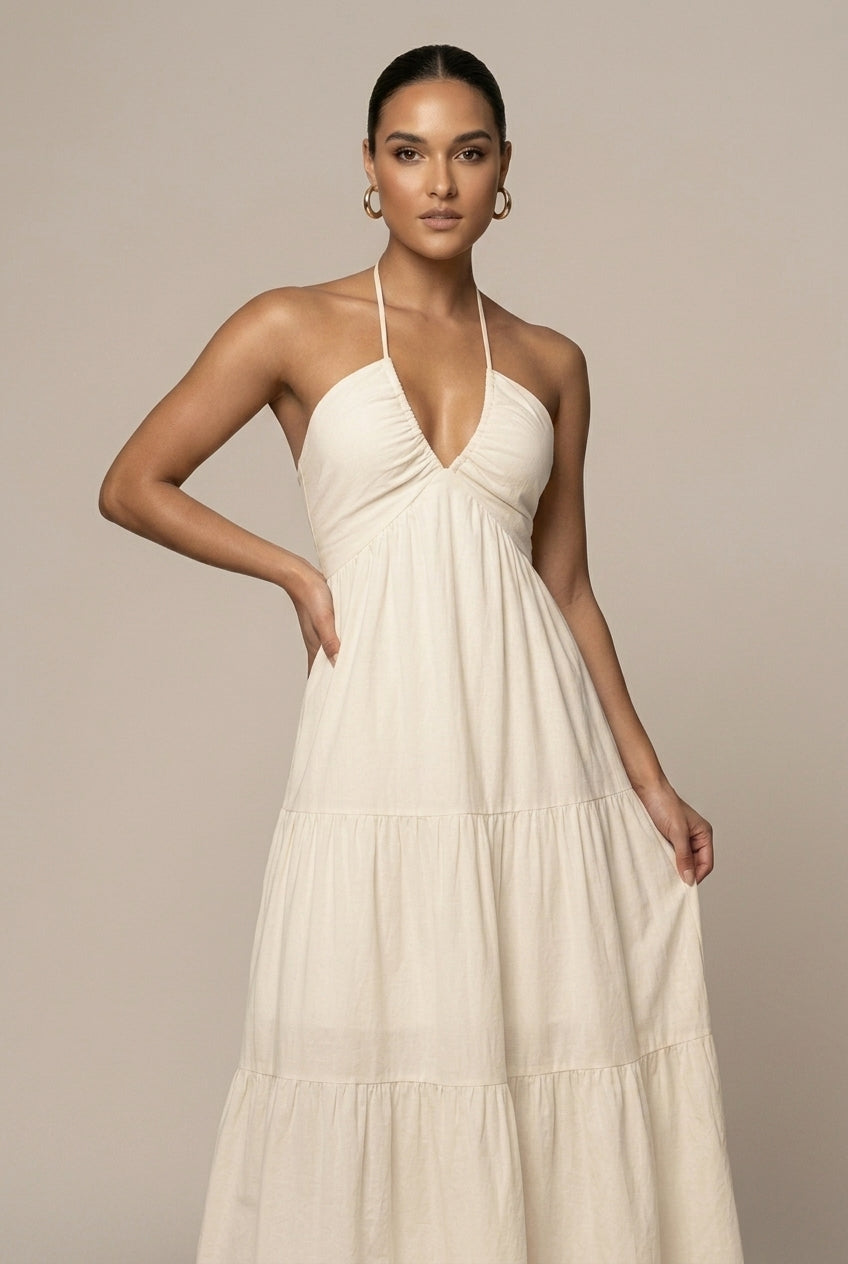Women's Halter Neck Maxi Dress - Flowy Tiered Skirt with Bow Back