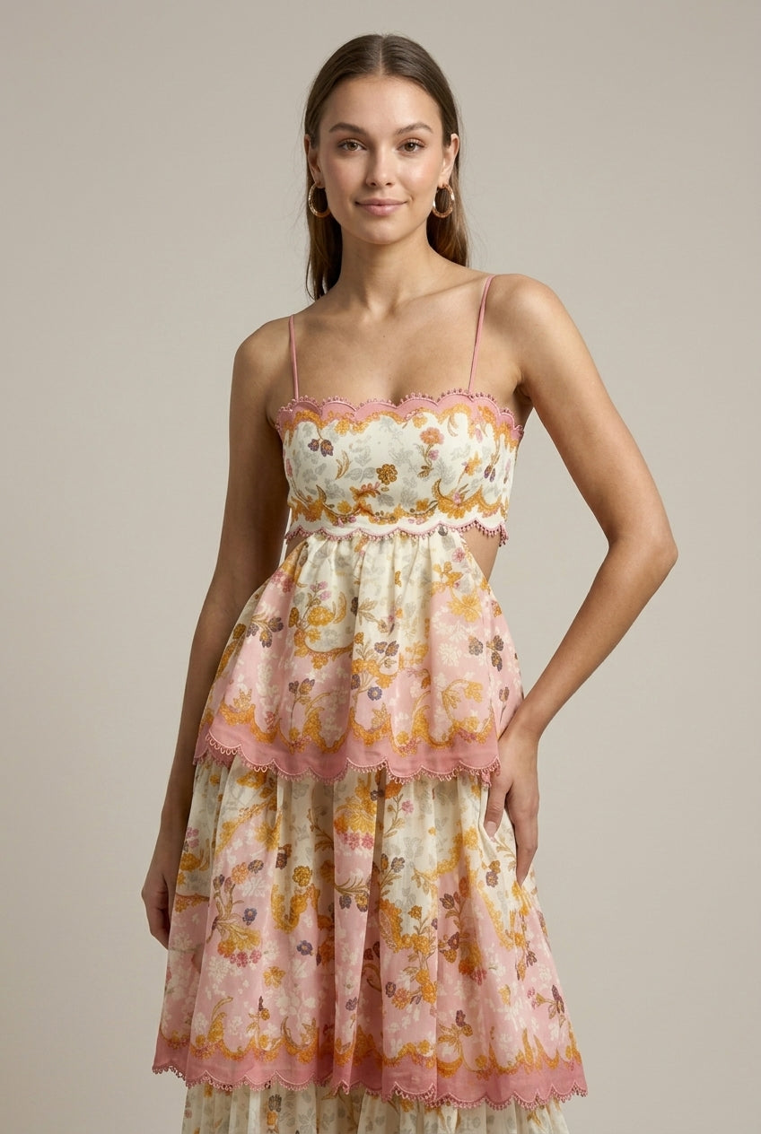 Women's Sleeveless Floral Print Maxi Dress - Scallop Trim - Tiered Skirt