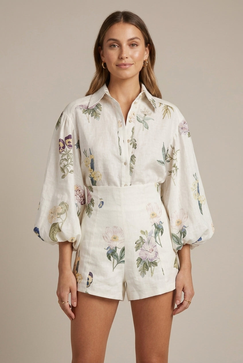Women's Floral Linen Blend Balloon Sleeve Shirt and High Waist Shorts - Two Piece Set