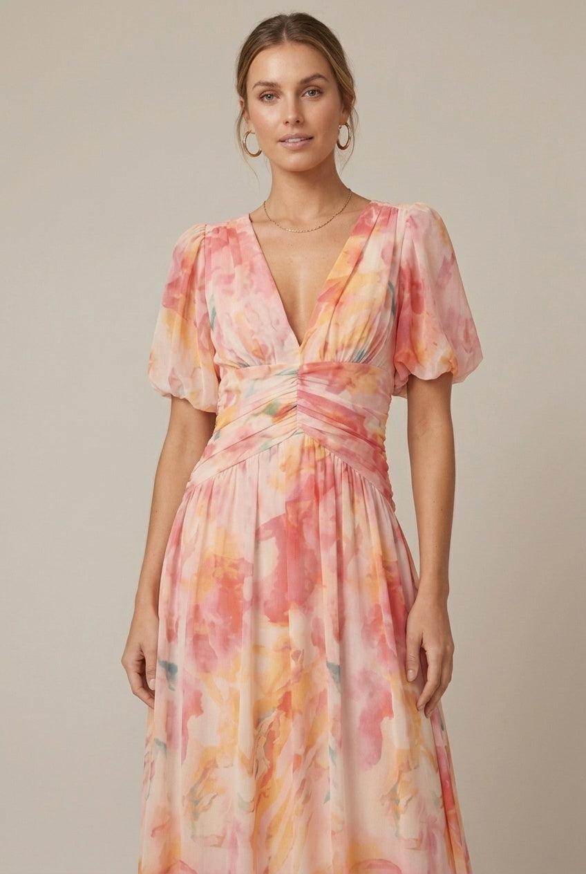 Women's Puff Sleeve Floral Print Maxi Dress - Deep V-Neck - Ruched Waist