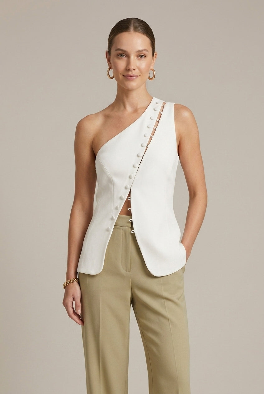 Women's One Shoulder Button Detail Asymmetrical Wrap Top