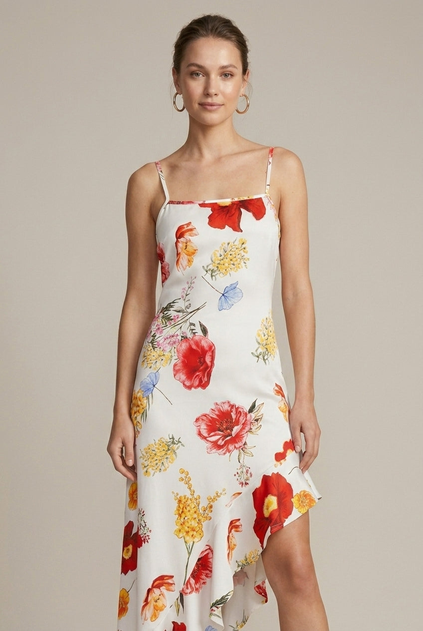 Women's Sleeveless Floral Print Midi Dress - Square Neck - Asymmetric Ruffle Hem