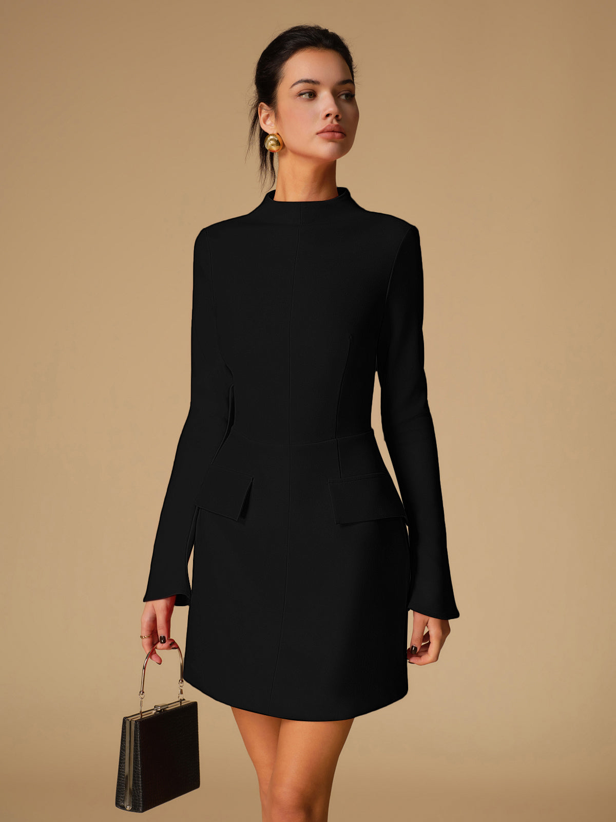 Mock Neck Woven Dress with Long Sleeves, Above Knee Length