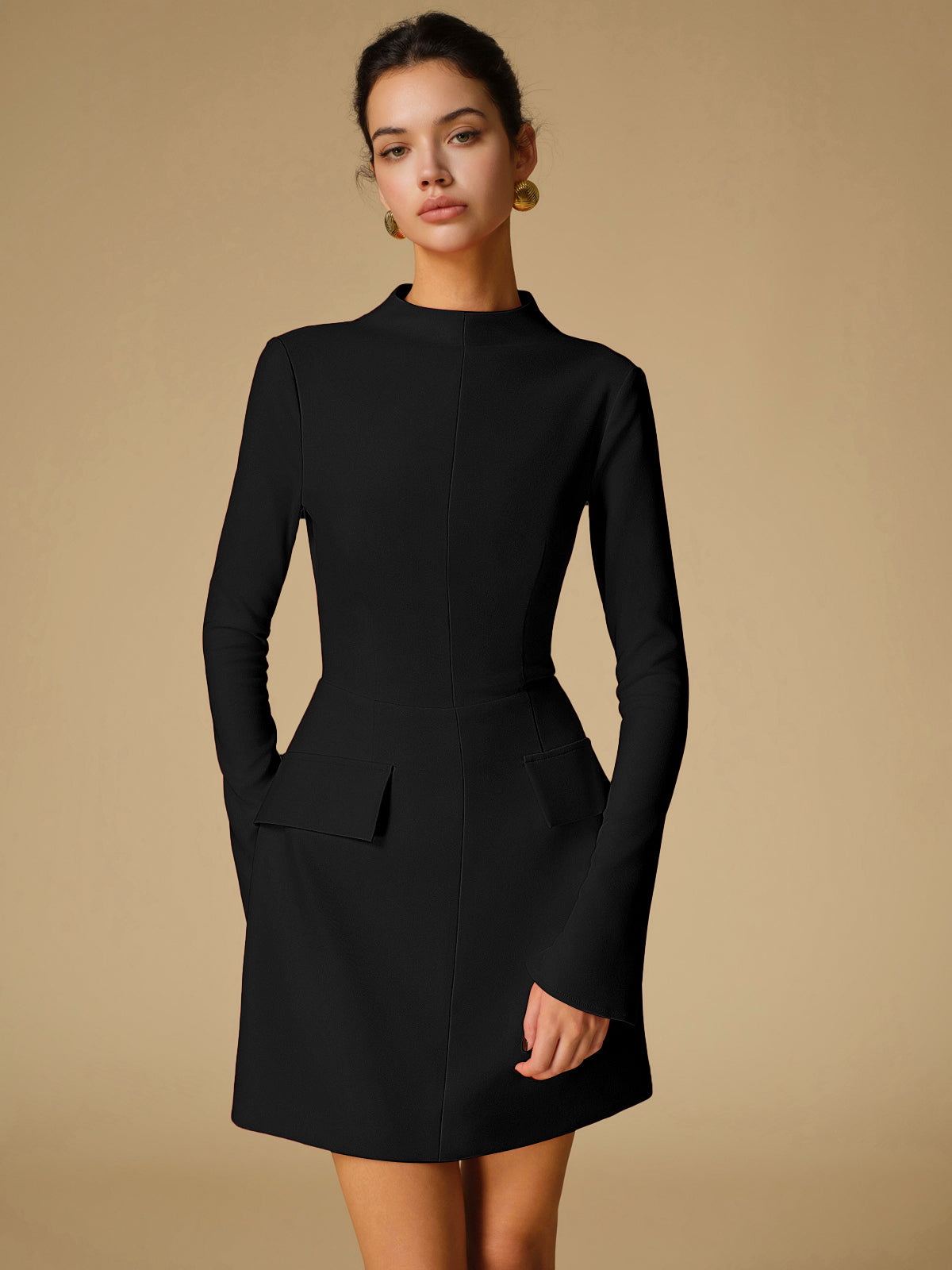 Mock Neck Woven Dress with Long Sleeves, Above Knee Length