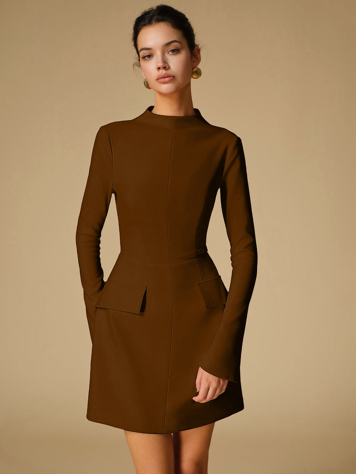 Mock Neck Woven Dress with Long Sleeves, Above Knee Length