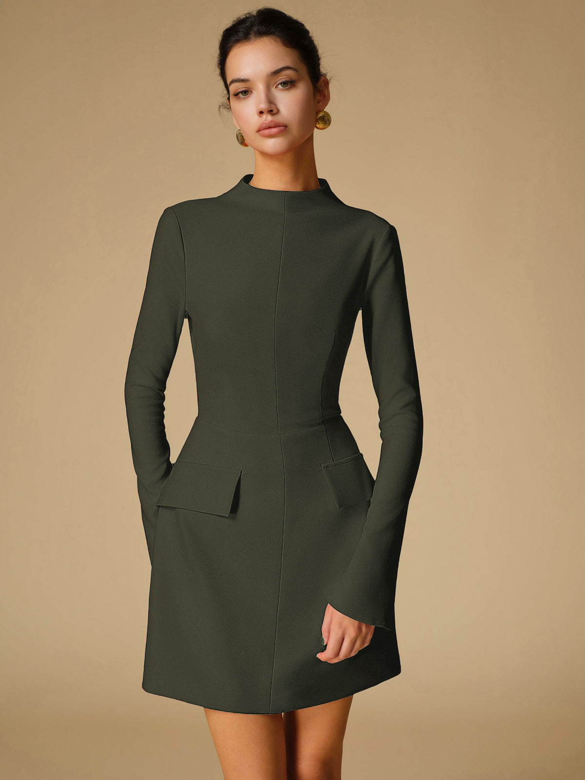 Mock Neck Woven Dress with Long Sleeves, Above Knee Length