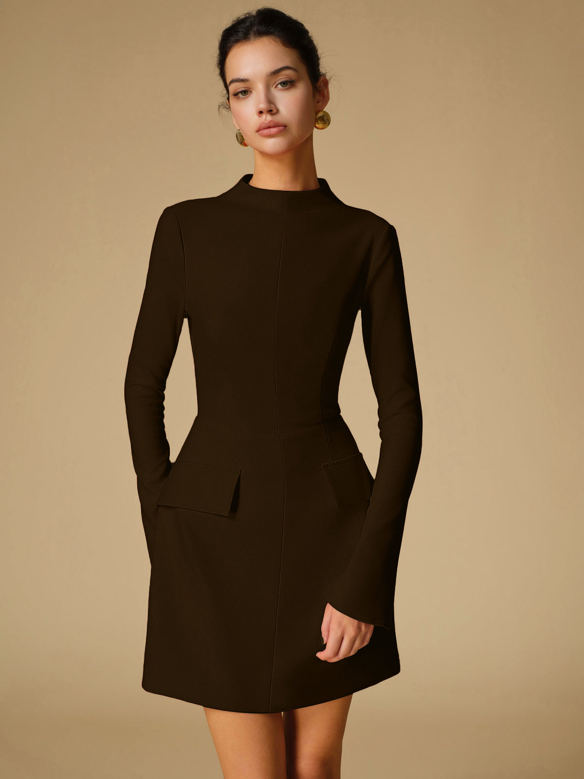 Mock Neck Woven Dress with Long Sleeves, Above Knee Length