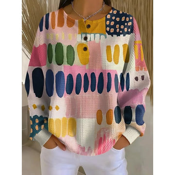 Textured Knit Pullover with Artistic Print and Button Placket, Crew Neckline
