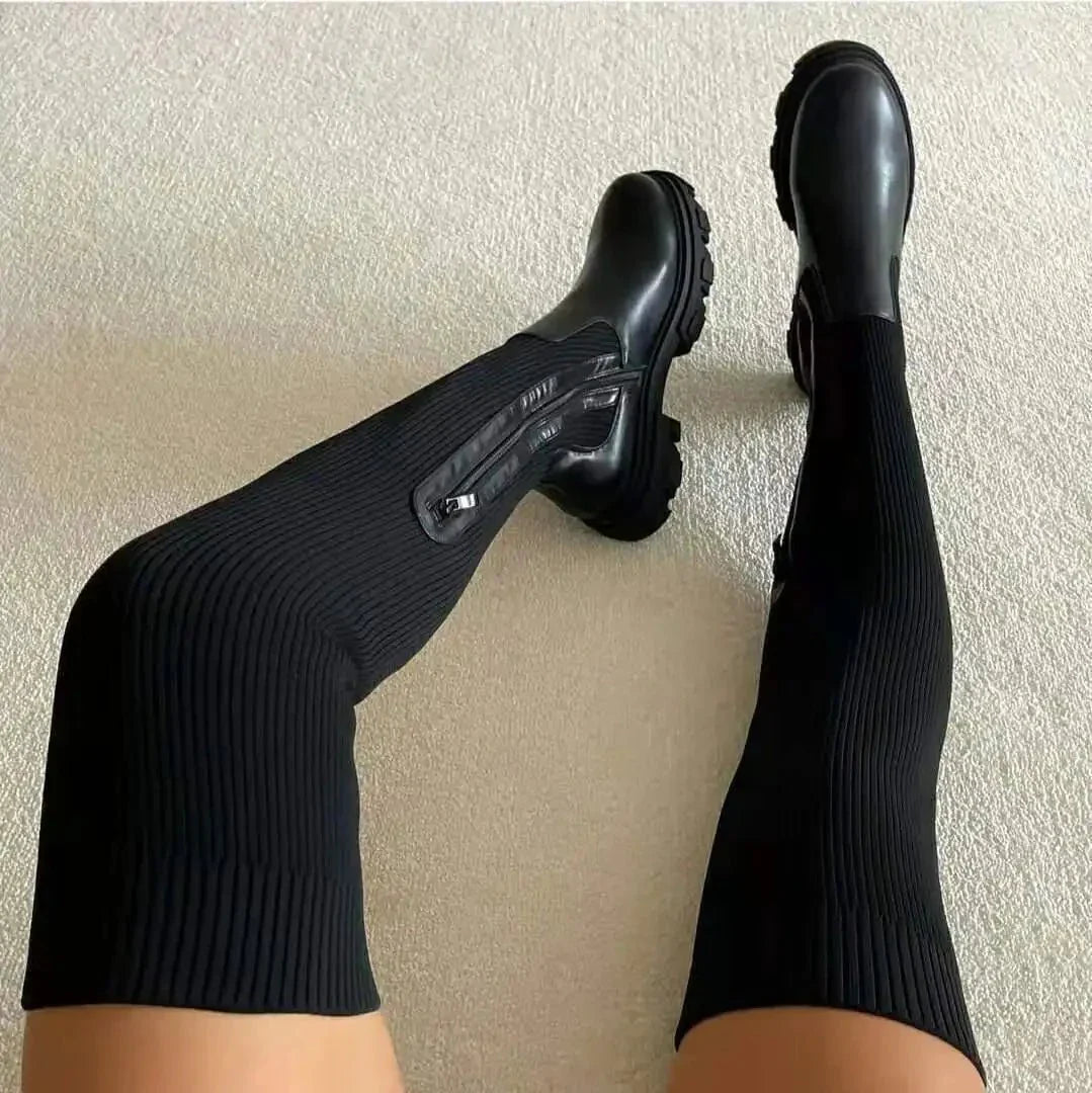 Women’s Thigh-High Sock Boots with Ribbed Shaft and Lug Sole